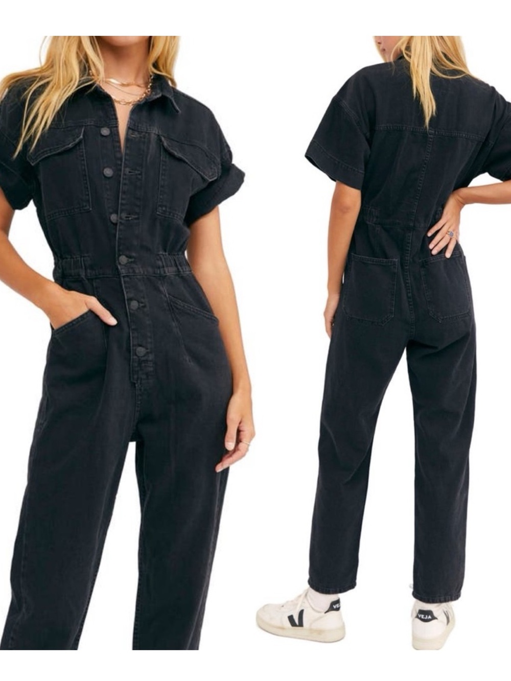 Free People Marci Denim Jumpsuit Gray Washed Black Cotton Size S